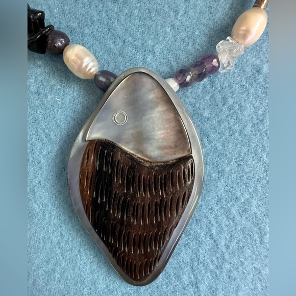 Unique NATURE BIJOUX Necklace: Pearls, Mother of Pearl, amethyst, agate, wood 🎣 - Picture 6 of 10